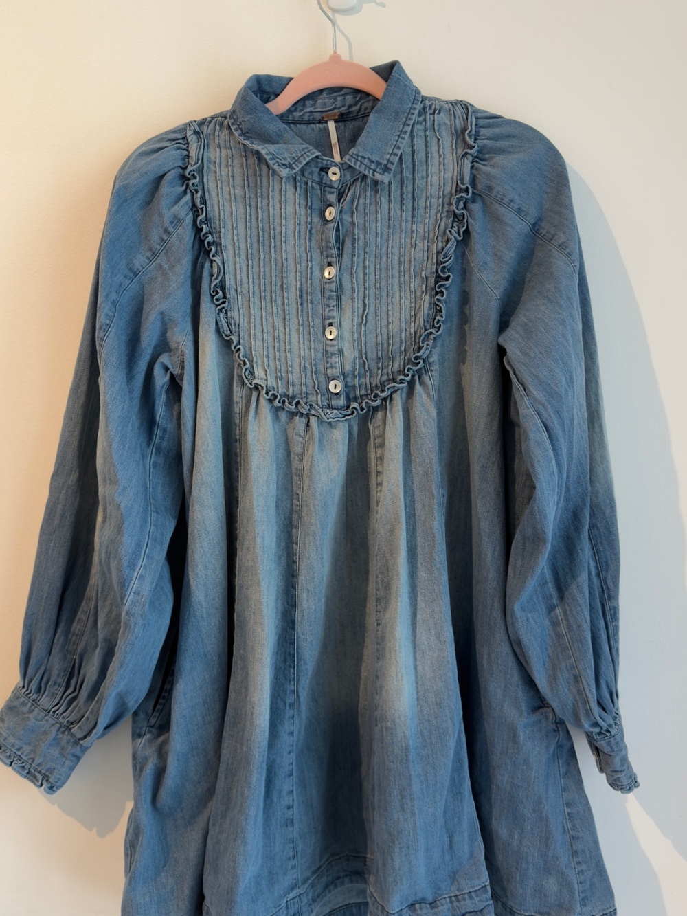 Free People Light Blue Denim Pintuck Babydoll Mini Dress - Picture 3 of 12